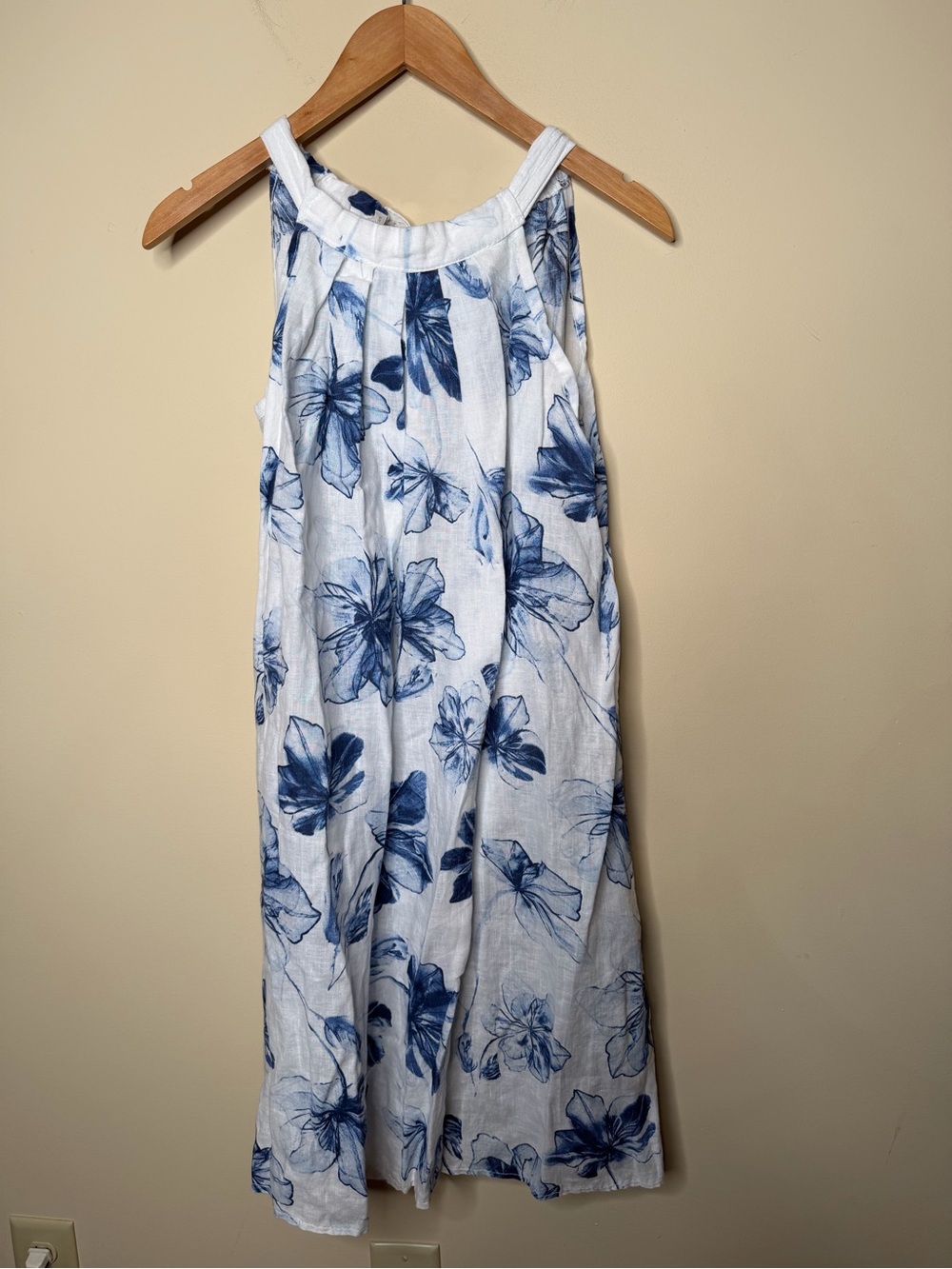 Bellambia Women's S Halter White Blue Floral Watercolor 100% Linen Dress Italy